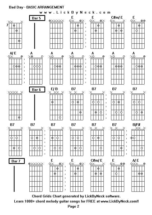 Chord Grids Chart of chord melody fingerstyle guitar song-Bad Day - BASIC ARRANGEMENT,generated by LickByNeck software.